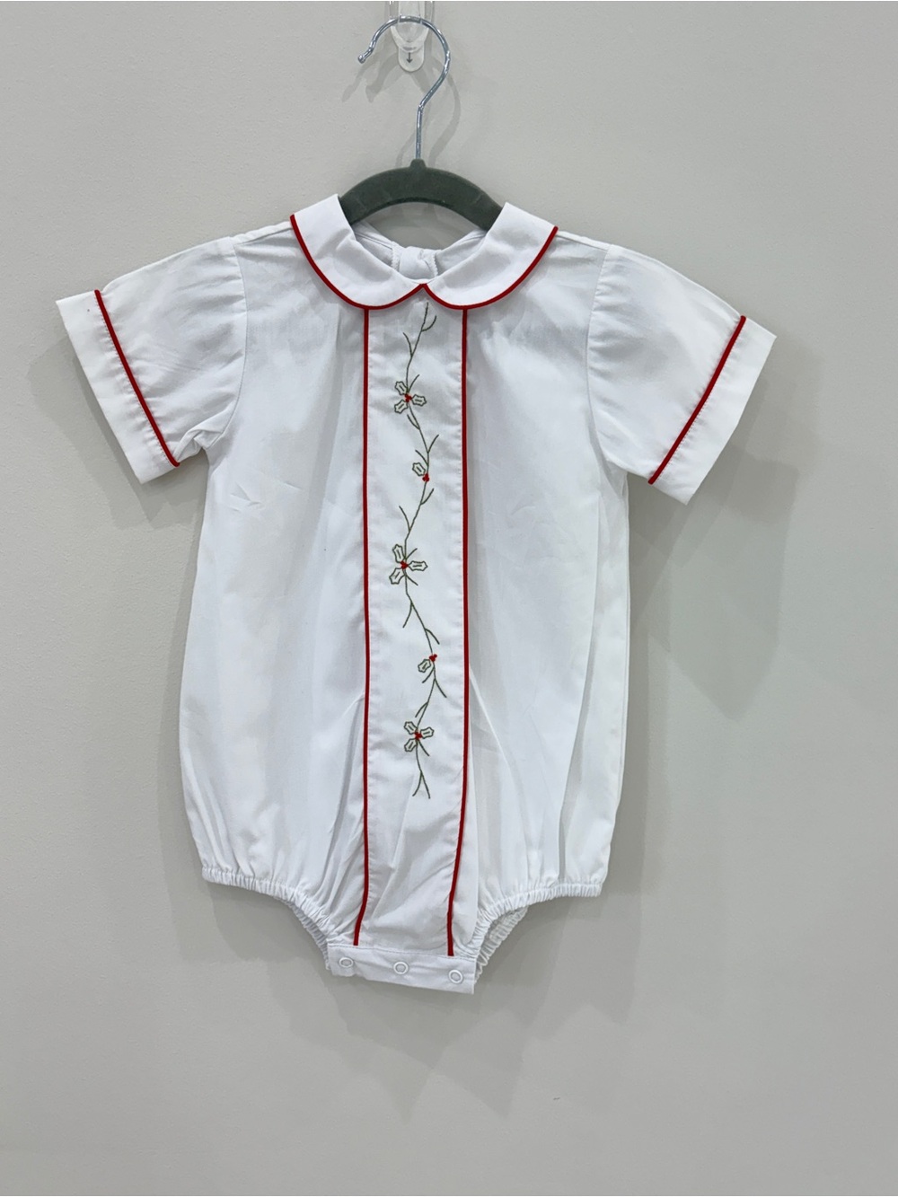 One-Piece/ Bubble with Red Trim and Embroidered Flowers